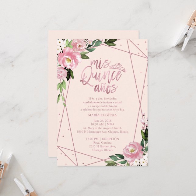 Invitación de Quinceanera Rosa de Rubor español Go (Anverso/Reverso In Situ)