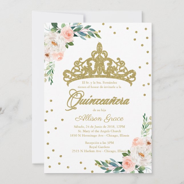 Invitación de Quinceanera Rosa de Tiara Bilingüe (Reverso)