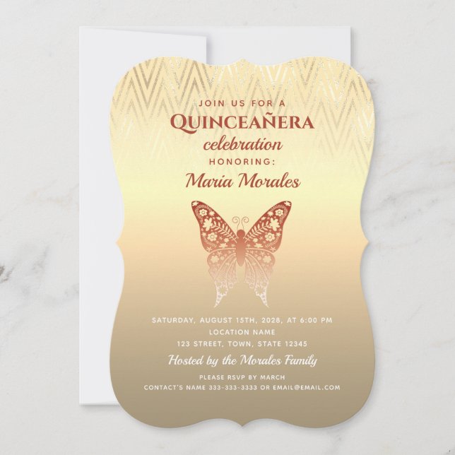 Invitación de Quinceañera Rosa Dorado con Brillo (Anverso)