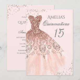 Invitación de Quinceañera Rosa Dorado con Vestido