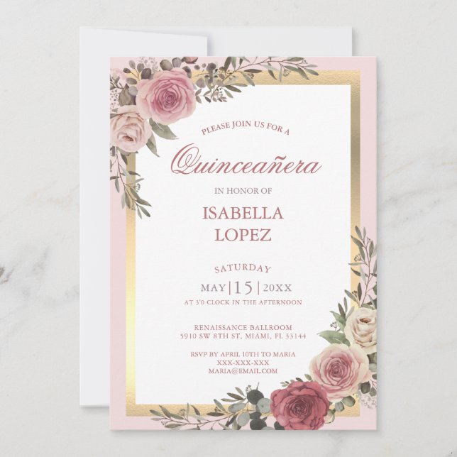 Invitación de Quinceañera Rosa floral rosa Rubor (Anverso)