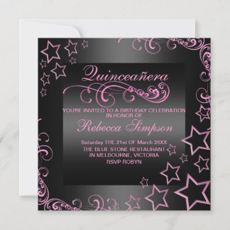 Invitación de Quinceañera rosa/negra con estrella