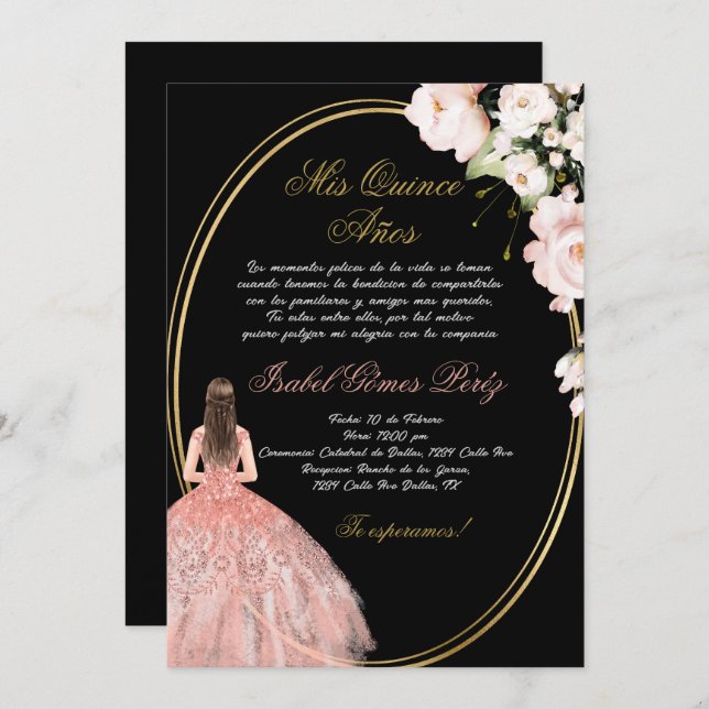 Invitación de Quinceanera rosa negro en español (Anverso / Reverso)