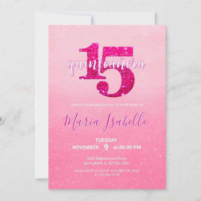 Invitación de quinceañera rosa para cumpleaños 15 (Anverso)