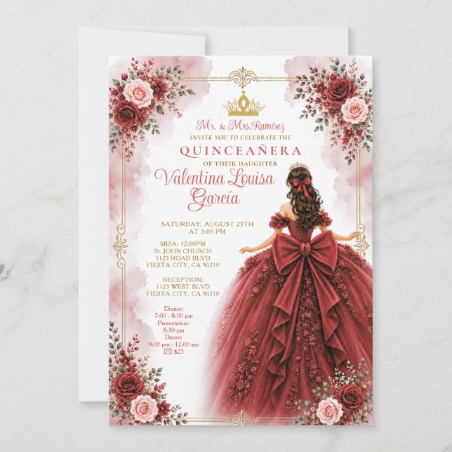 Invitación de Quinceañera Rosa Roja (Anverso)