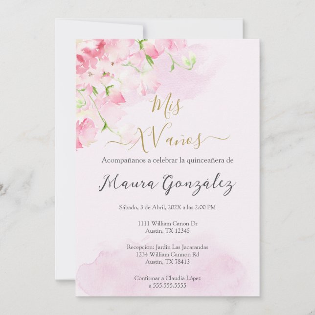 Invitación de quinceañera rosa rosa blush (Anverso)