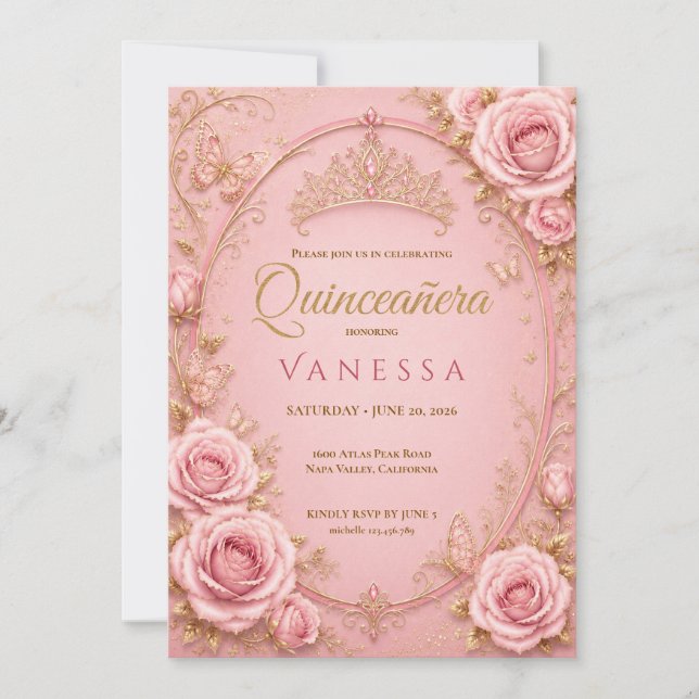 Invitación de Quinceañera Rosa y Dorada (Anverso)