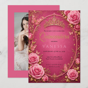 Invitación de Quinceañera Rosa y Dorada con Foto