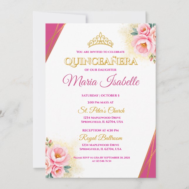 Invitación de Quinceañera Rosa y Oro (Anverso)