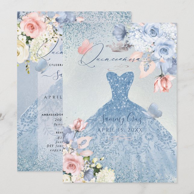 Invitación de Quinceañera Rosas Azul Polvoriento d (Anverso / Reverso)
