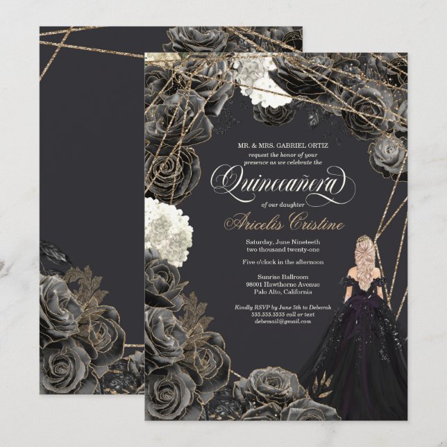 Invitación de Quinceañera - Rosas de oro y negro,  (Anverso / Reverso)