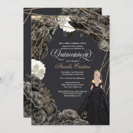 Invitación de Quinceañera - Rosas de oro y negro,