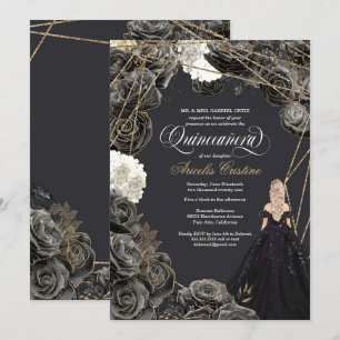 Invitación de Quinceañera - Rosas de oro y negro, 