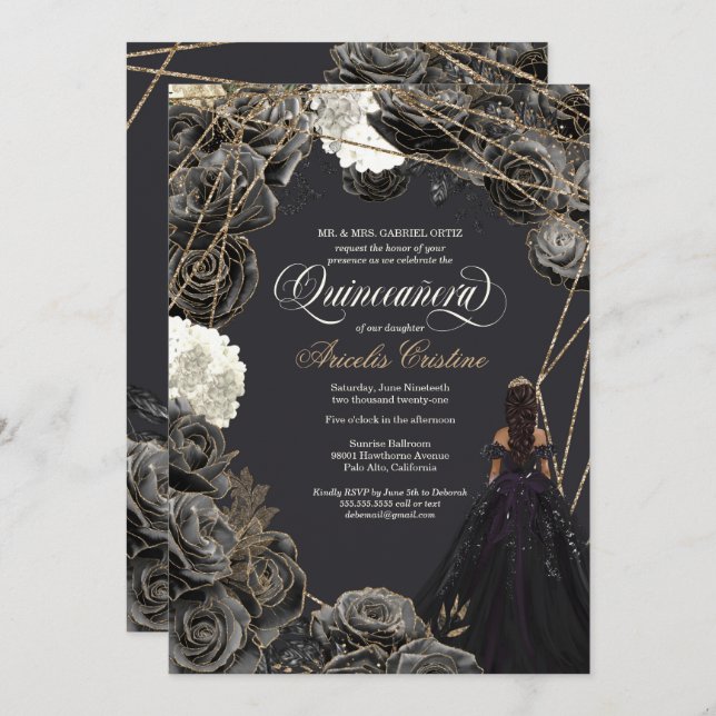 Invitación de Quinceañera - Rosas de oro y negro,  (Anverso / Reverso)