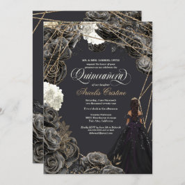 Invitación de Quinceañera - Rosas de oro y negro,
