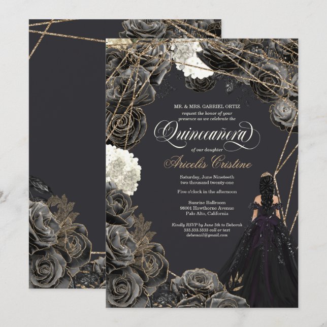 Invitación de Quinceañera - Rosas de oro y negro,  (Anverso / Reverso)
