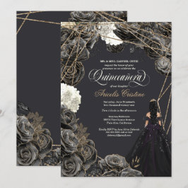 Invitación de Quinceañera - Rosas de oro y negro,