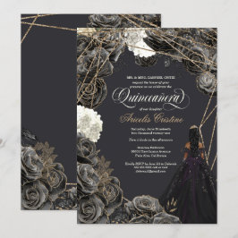 Invitación de Quinceañera - Rosas de oro y negro,