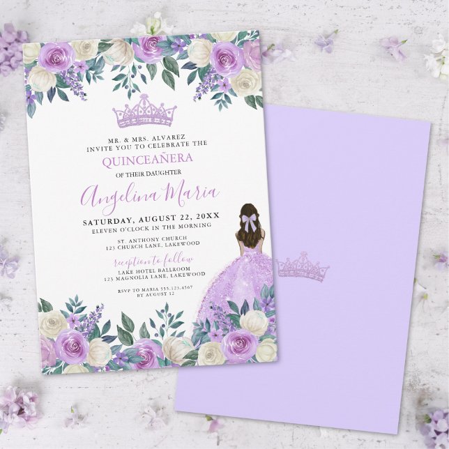 Invitación de Quinceañera Rosas Florales Moradas (Floral Roses Purple Quinceanera Invitation)