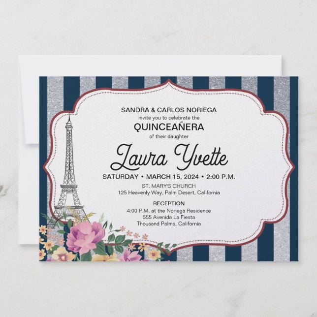Invitación de Quinceañera, Tema de París, Torre Ei (Anverso)