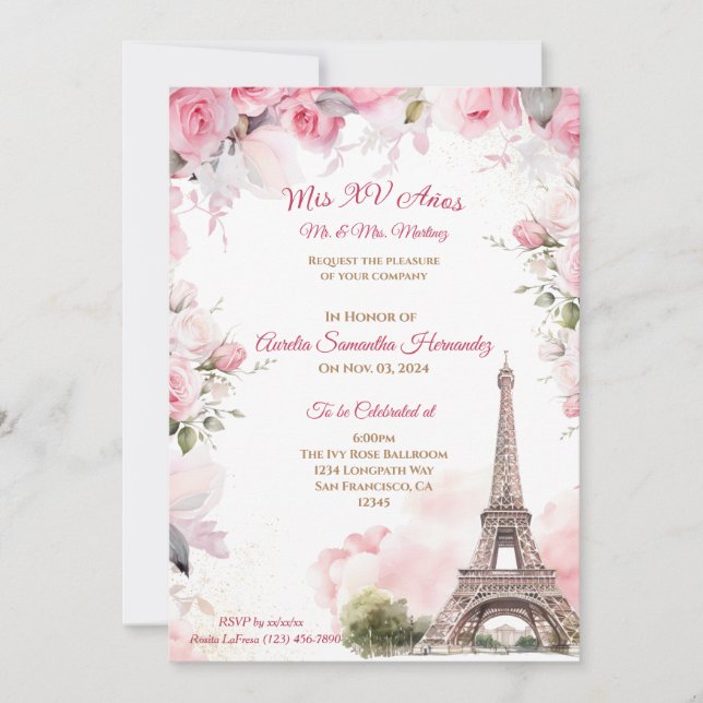 Invitación de Quinceañera Tema París Rosa Floral (Anverso)