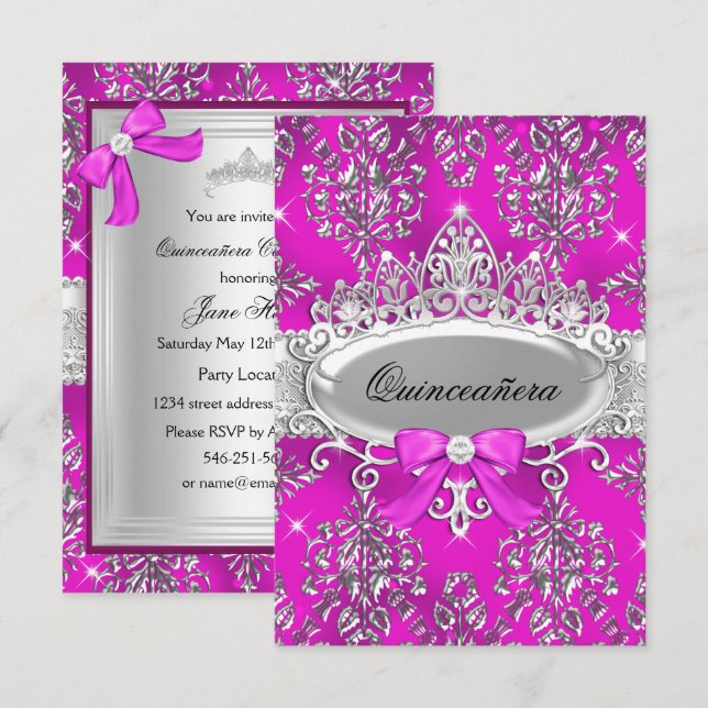 Invitación de Quinceanera Tiara Damask de plata ro (Anverso / Reverso)