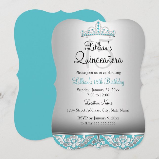 Invitación de Quinceañera Tiara de Damasco de Plat (Anverso / Reverso)
