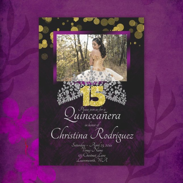 Invitación de Quinceanera Tiara negra, dorada y vi (violet black and gold quinceanera invitation with photo and diamond tiara)
