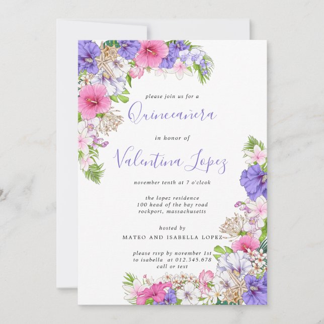 Invitación de Quinceanera Tropical Bonito Púrpura (Anverso)