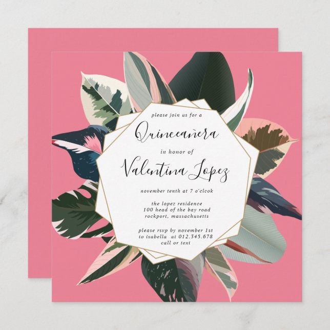 Invitación de Quinceanera Tropical Rosa Moderna (Anverso / Reverso)