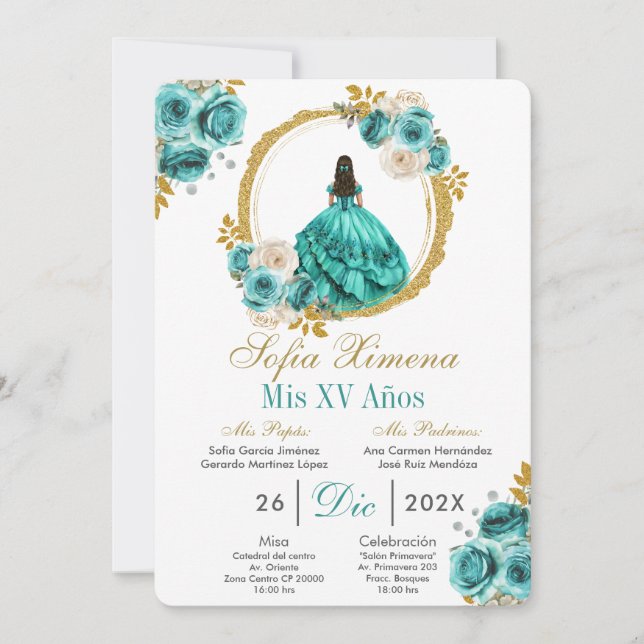Invitación de Quinceañera Turquesa (Anverso)