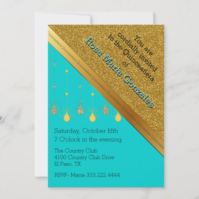 Invitación de Quinceañera Turquesa y Dorada Chic (Anverso)