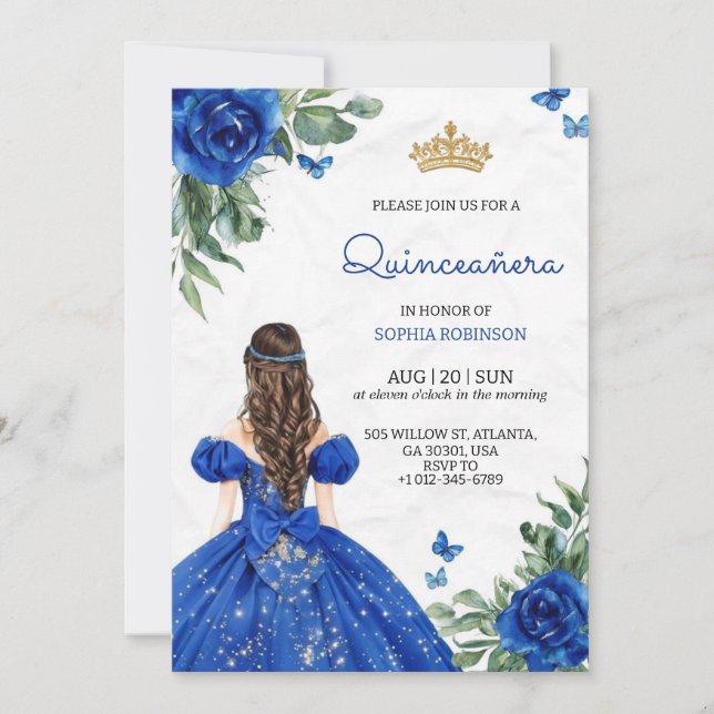 Invitación de Quinceañera una niña que lleva vesti (Anverso)