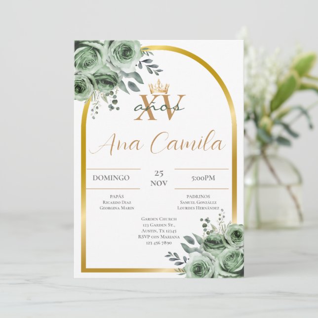Invitación de Quinceanera Verde (Anverso de pie)