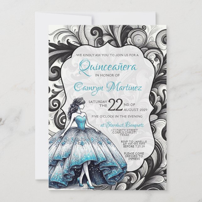 Invitación de Quinceañera Verde Azul (Anverso)