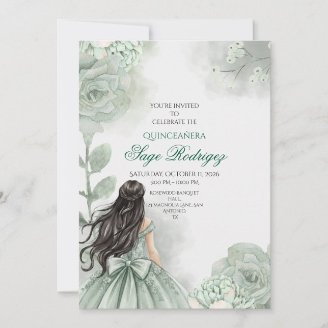Invitación de Quinceañera verde de saberes editabl (Anverso)