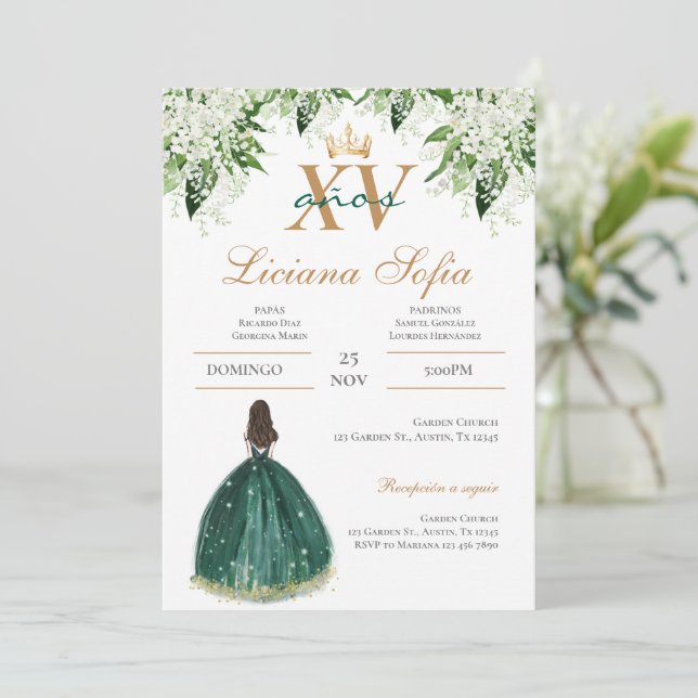 Invitación de Quinceañera Verde Esmeralda (Anverso de pie)