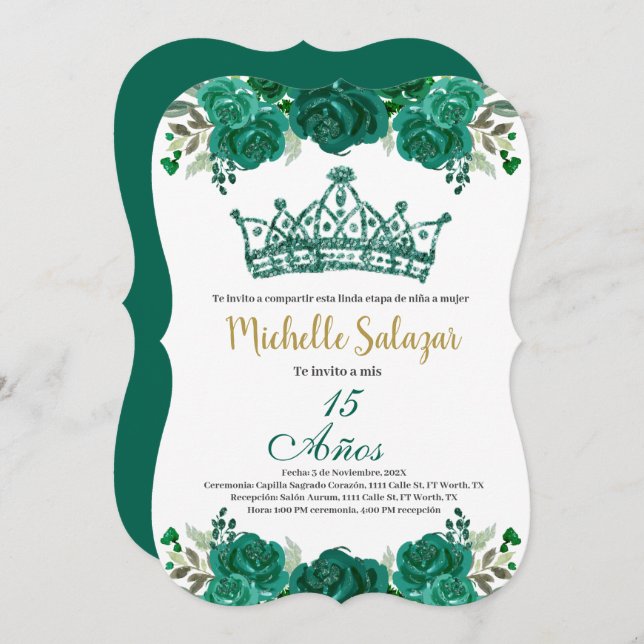 Invitación de Quinceanera verde esmeralda (Anverso / Reverso)