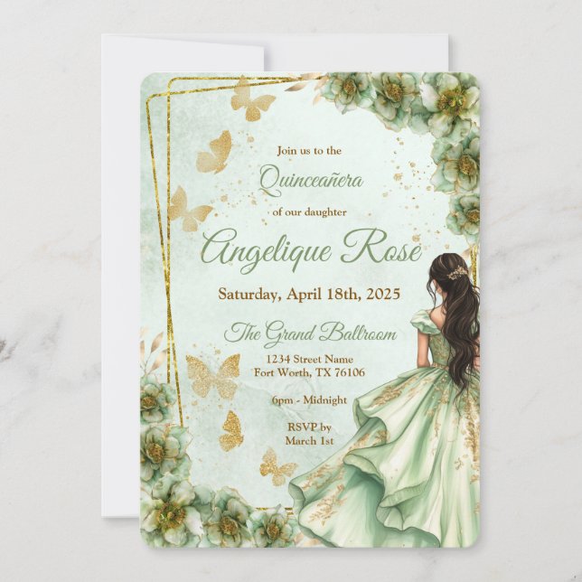 Invitación de quinceañera verde salvia (Anverso)