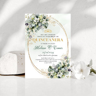 Invitación de Quinceañera Verde Salvia con Acuarel