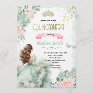 Invitación de Quinceañera Verde Salvia y Rosa Rubo