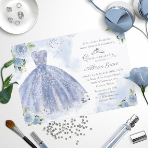 Invitación de Quinceañera Vestido Azul Plateado Es