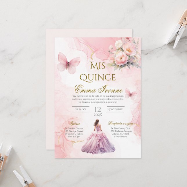 Invitación de Quinceñera en Floral Rosa Española (Anverso/Reverso In Situ)