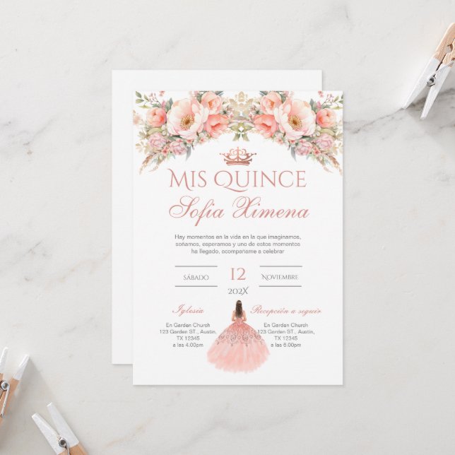 Invitación de Quinceñera en Floral Rosa Española (Anverso/Reverso In Situ)