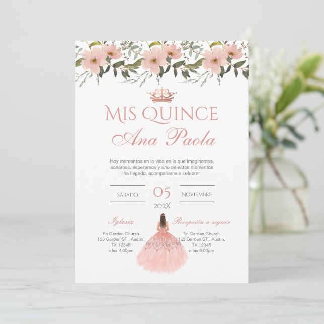 Invitación de Quinceñera en Floral Rosa Española (Anverso de pie)