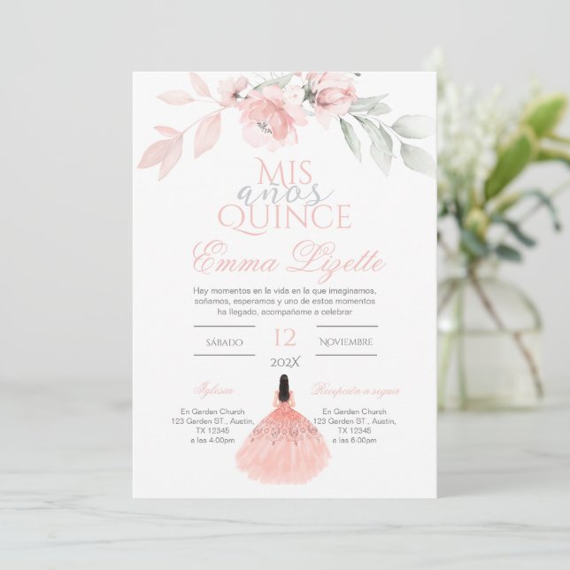 Invitación de Quinceñera en Floral Rosa Española (Anverso de pie)