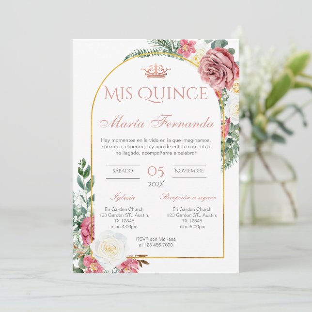 Invitación de Quinceñera en Floral Rosa Española (Anverso de pie)