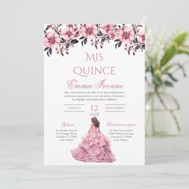 Invitación de Quinceñera en Floral Rosa Española (Anverso de pie)