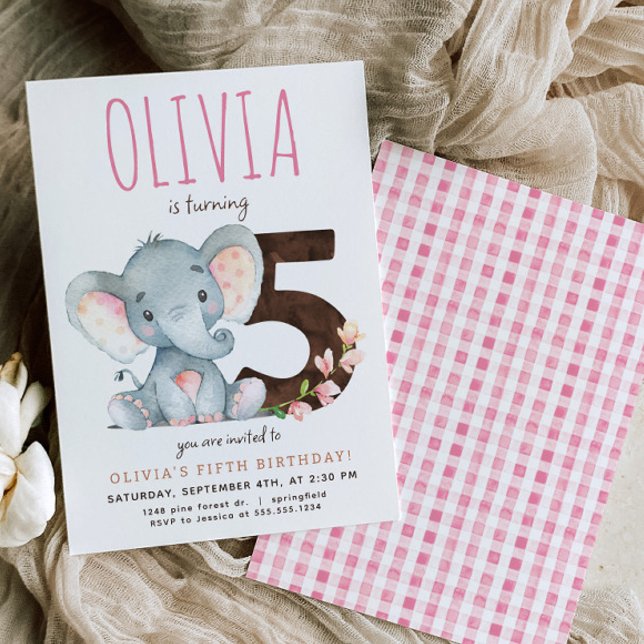 Invitación de quinto cumpleaños a Elefante Rosa (Subido por el creador)