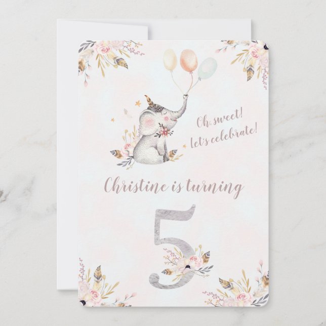 Invitación de quinto cumpleaños a la floral Cute E (Anverso)